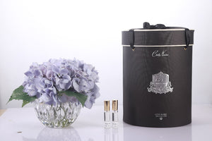 COTE NOIRE BLUE HYDRANGEAS IN CRYSTAL CUT VASE